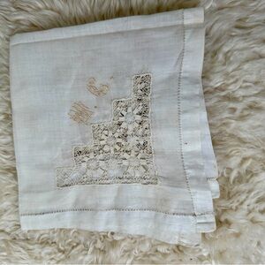 Handmade Vintage WW2 Era Embroidered Cream Lace Handkerchief Initials M.C.